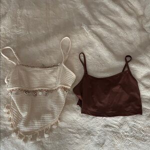 Asymmetrical Cream Crochet Tassel Top and Brown Spaghetti Strap Top